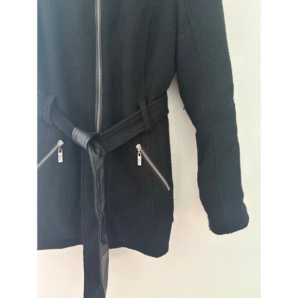 Guess Black Wool Blend Coat Large Faux Leather Shoulder Zip Up Fall Jacket - Picture 4 of 8